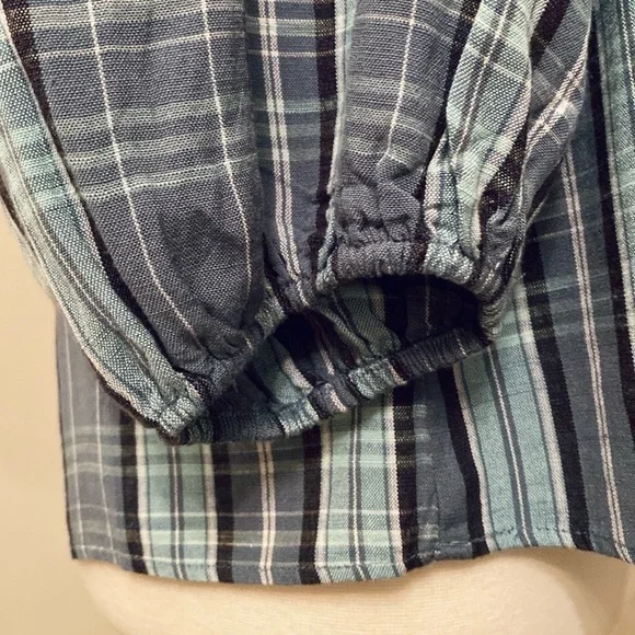 LC Lauren Conrad Teal Green Plaid Square Neck Balloon Sleeves Peasant Top Size M - Picture 7 of 15